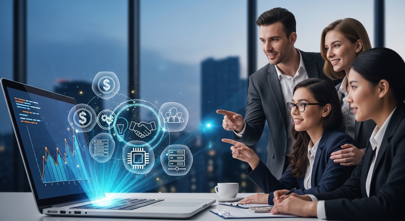 Business and technology professionals collaborating around digital data