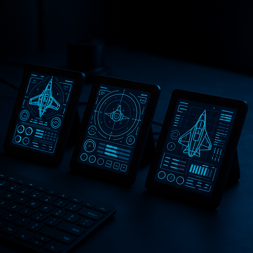 Photo-realistic futuristic desktop setup: three inexpensive 7-inch Amazon touchscreens transformed into vibrant custom control panels with spacecraft-style UI, neon blue indicators, dark moody studio lighting