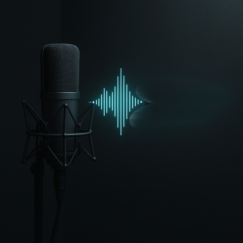 Minimalist dark recording booth with sleek microphone; holographic waveform morphs into crisp glowing text in mid-air, symbolizing real-time AI speech-to-text; cool teal highlights against charcoal background