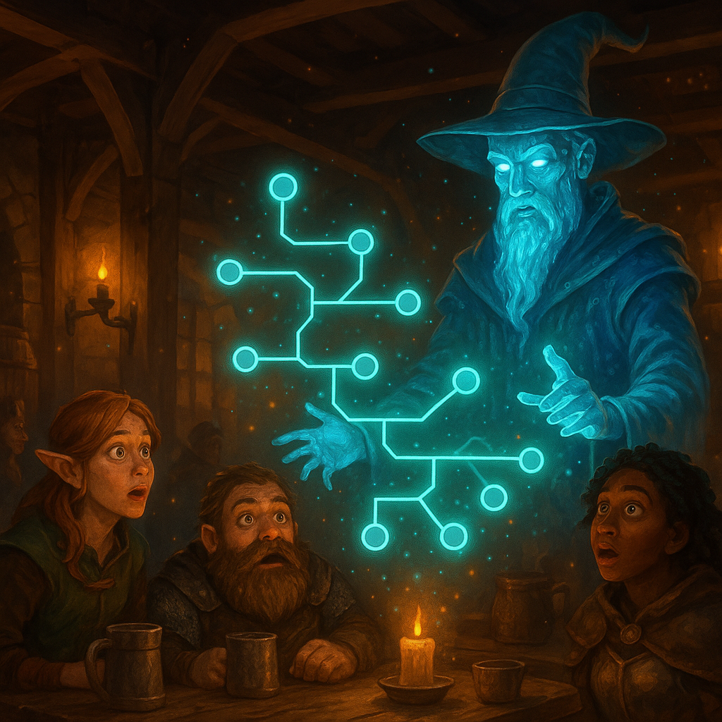 Illustration of a cozy fantasy tavern interior where an ethereal AI wizard projects a glowing branching story map; diverse adventurers watch wide-eyed; ambient candlelight and magical particles suspended in warm air