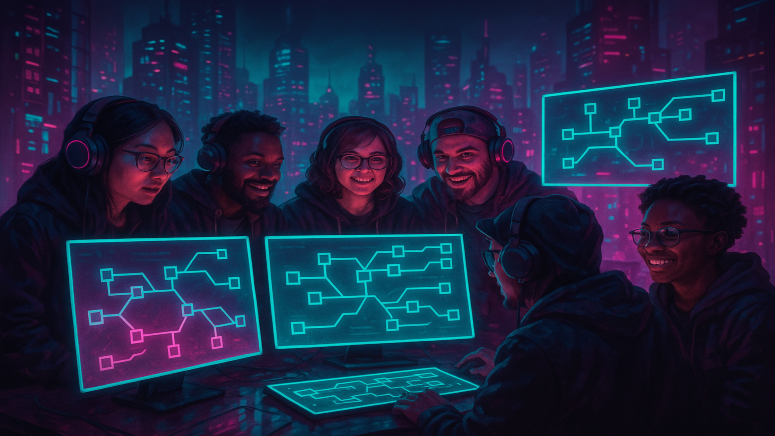 Panoramic cyberpunk-inspired digital art: diverse gamers, streamers and storytellers gathered around floating holographic screens showing branching narrative maps, neon city skyline glowing behind, palette of teal, magenta and violet, cinematic lighting