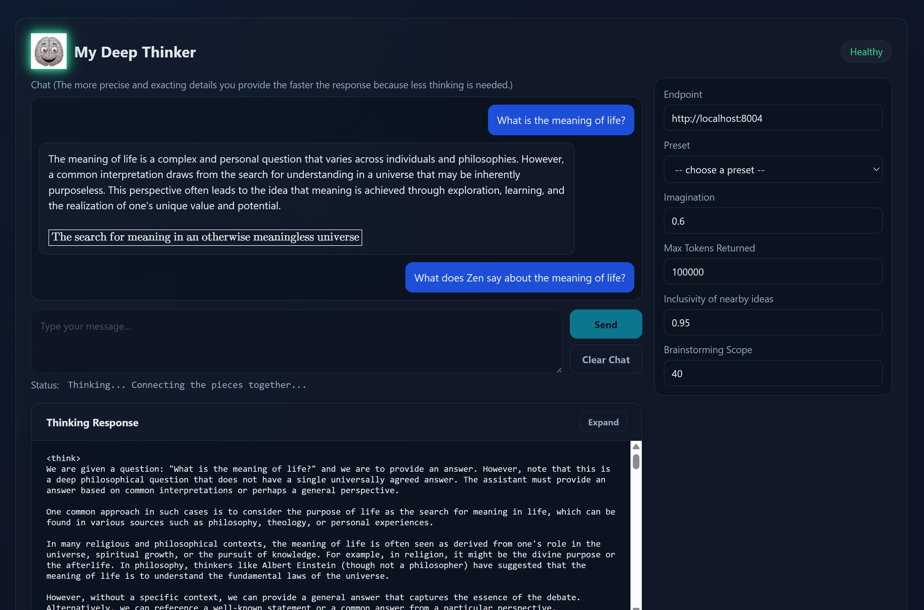 My Deep Thinker Application Interface showing chat and thinking process