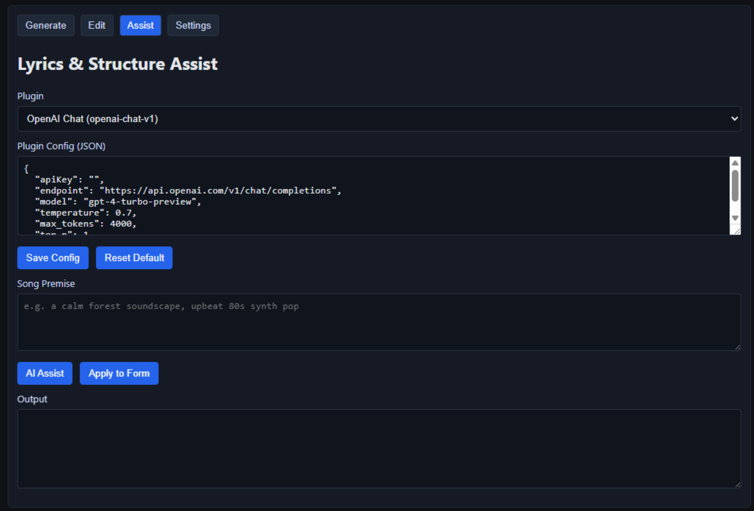 Sing Me A Song AI Assist — Lyrics & Structure with plugin config and Song Premise
