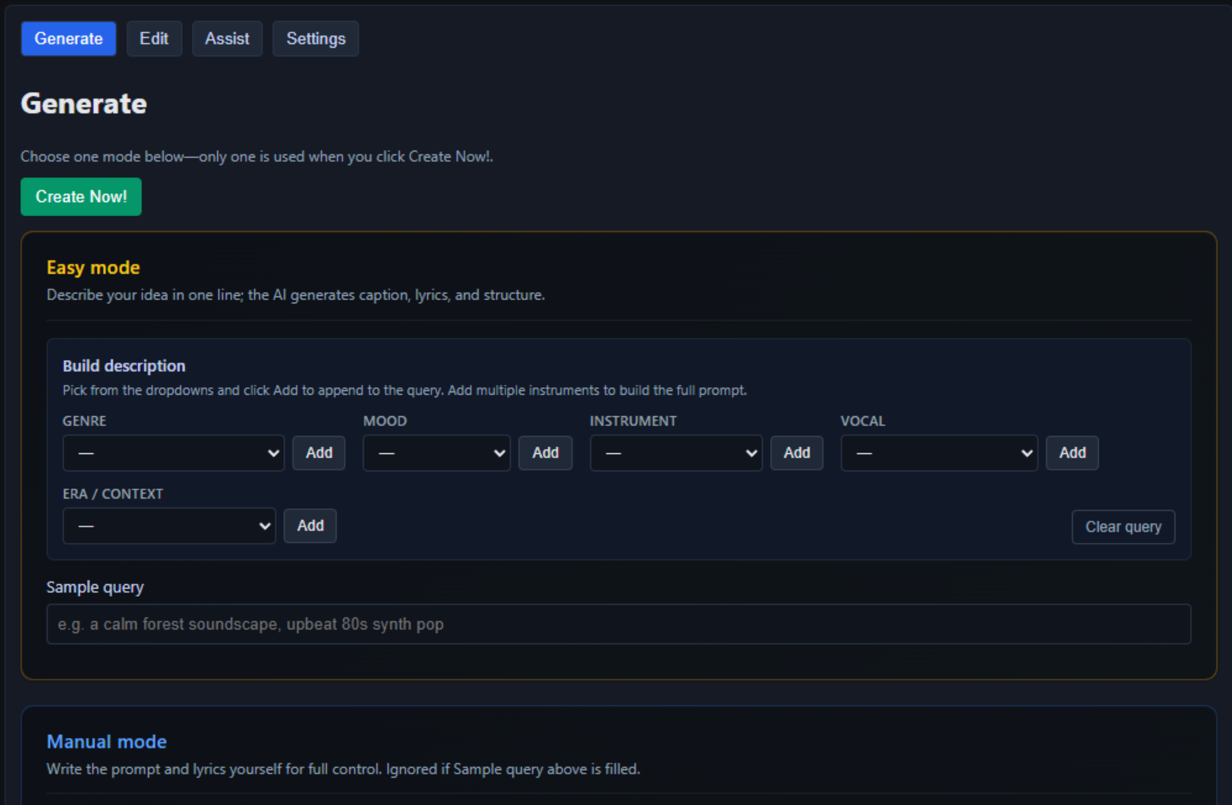 Sing Me A Song AI Generate tab — Easy mode and Manual mode with Create Now!