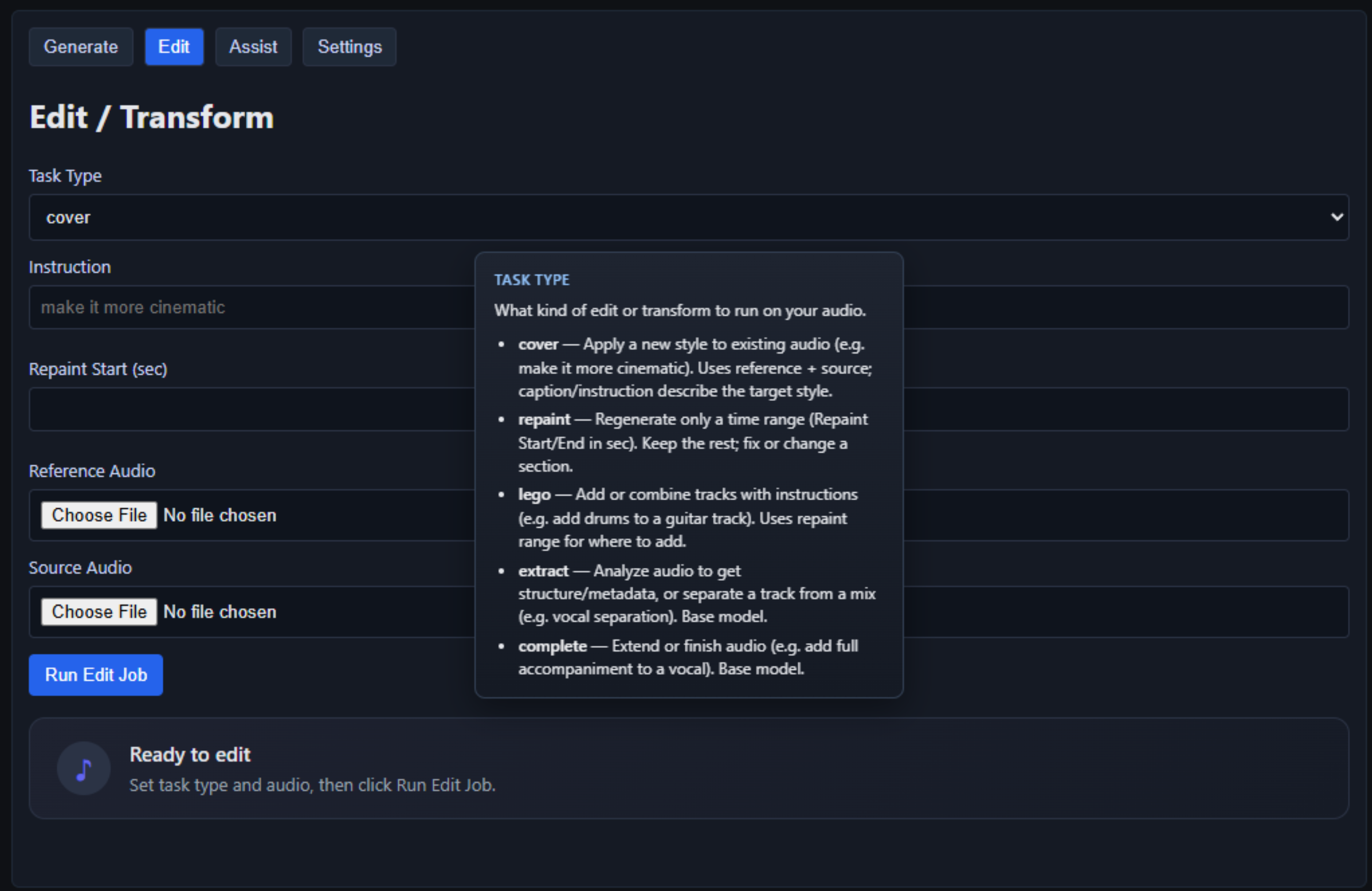 Sing Me A Song AI Edit / Transform — task type, instruction, reference and source audio