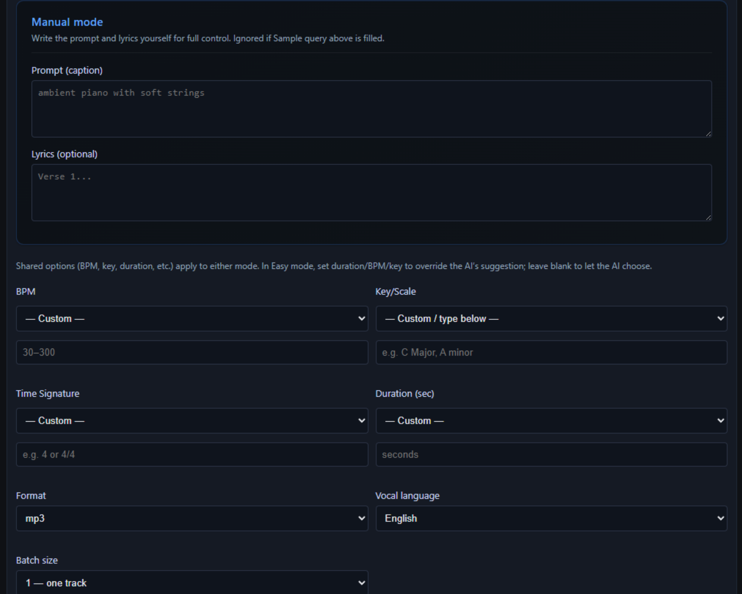 Sing Me A Song AI Manual mode — prompt, lyrics, BPM, key, duration, format