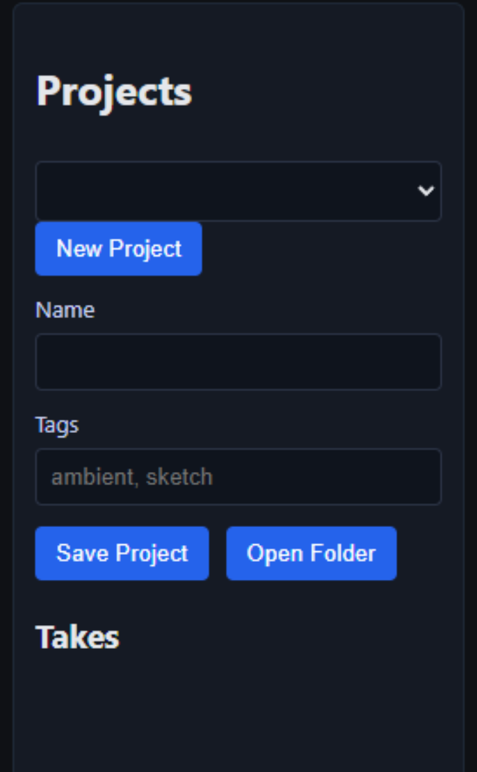 Sing Me A Song AI Projects — New Project, Name, Tags, Save Project, Open Folder