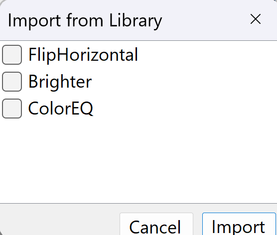 Screenshot of the Import from Library dialog showing available media processors