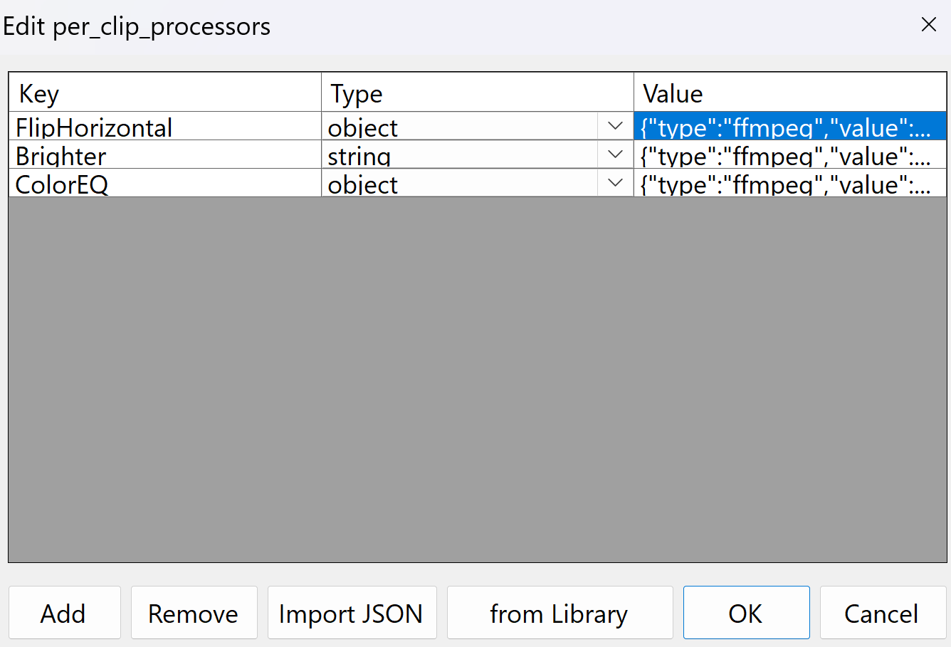 Screenshot of the Edit per_clip_processors dialog showing how to edit FFmpeg values