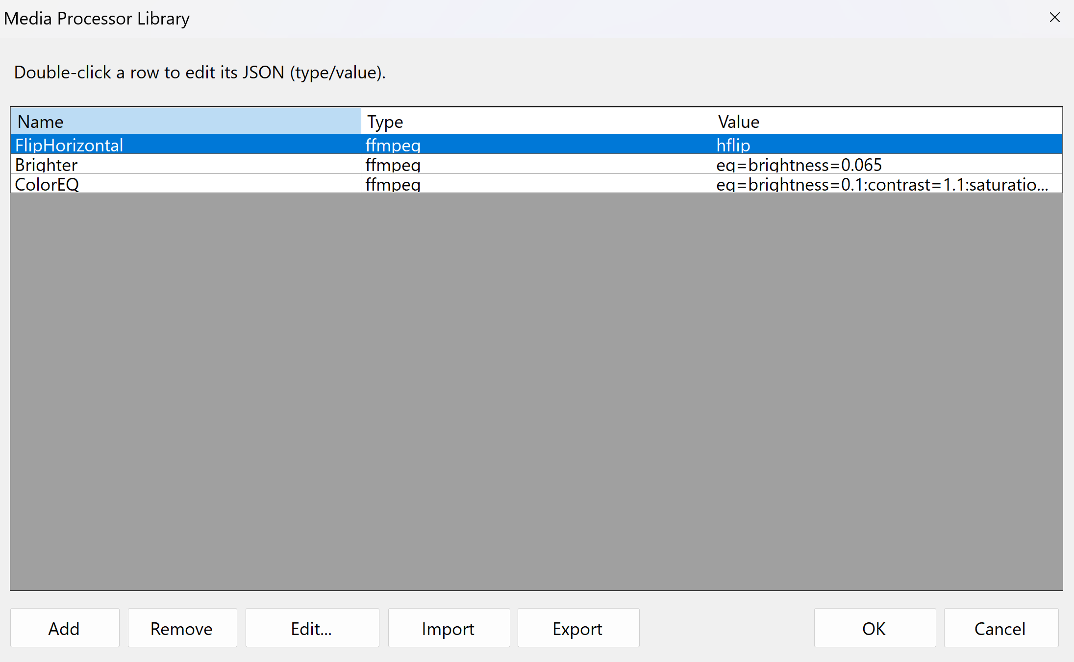 Screenshot of the Media Processor Library dialog